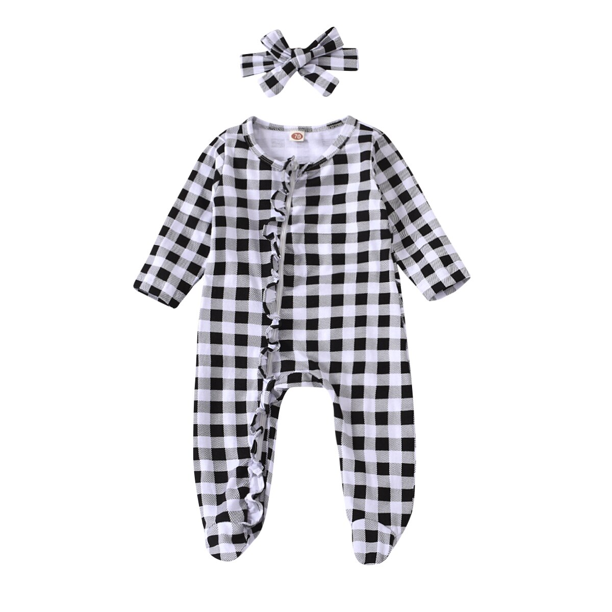 Herfst Mooie Baby Jongen Meisje Romepr Jumpsuit Set Lange Mouw Ronde Hals Falbala Rand Check Patroon Lange Broek Met Boog haarband: Black / 6m