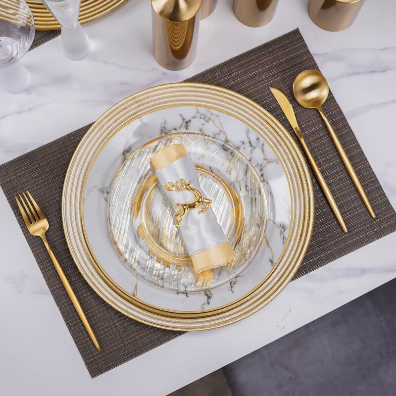 Aesthetic Patterned Kitchen Glass Plates Dinner Serving Ceramic Gold Luxury Dinner Plates Souplast Marble Pratos Ceramic OA50PS