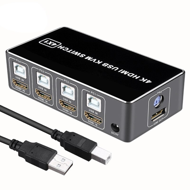 4K HDMI KVM Switch 4Ind 1Ud - USB, Tastatur, Mus, Printer, Skærm