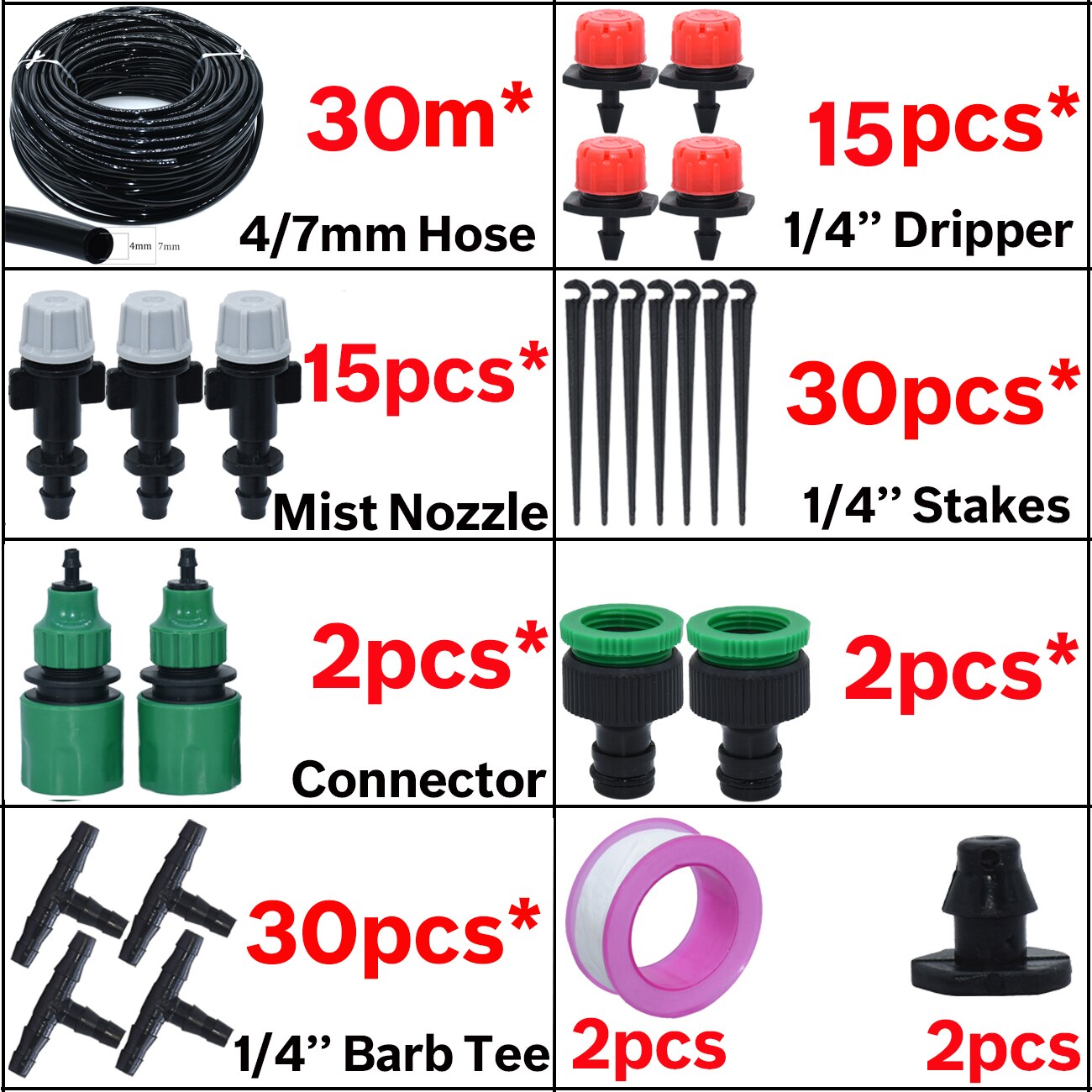 25M DIY Drip Irrigation System Automatic Watering Irrigation System Kit Garden Hose Micro Drip Watering Kits Adjustable Dripper: KSL01-001-30M-A