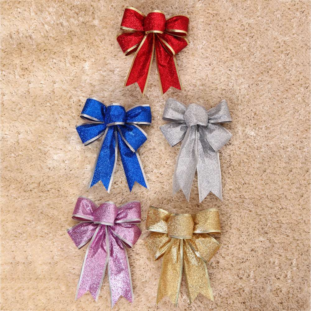 6 uds moños navideños de cinta árbol de Navidad Bowknot para decoración de Navidad suministros de Adornos de árbol de Navidad de colores al azar