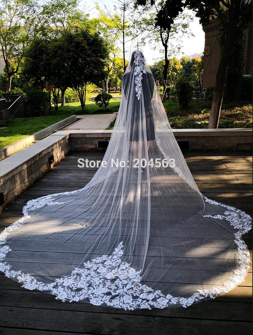 Velo de boda de una capa con borde de encaje, velo de novia con foto Real, único, catedral, MM
