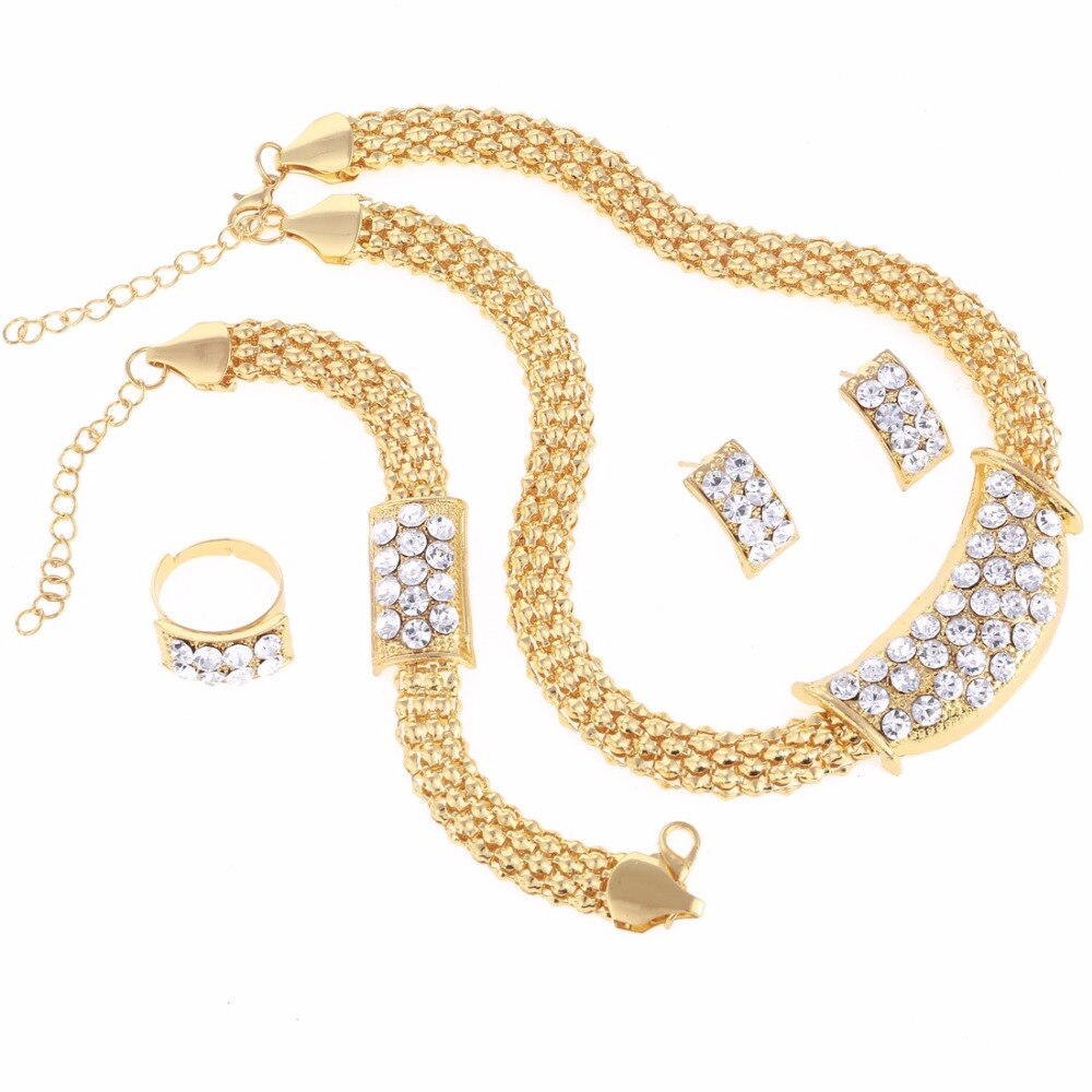 Minhin ouro-cor conjunto de jóias curto colar de cristal colar de instrução brincos pulseira conjunto de anel de casamento feminino acessórios