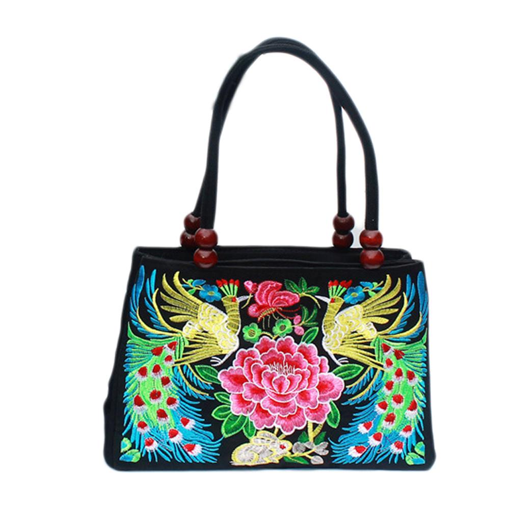 Women's Tote Bag - Floral Embroidered Canvas - Zipper Closure - Shoulder Top-Handle - Vintage Style: H