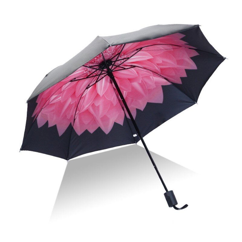 Kvinder bærbar folde blomster trefoldelig paraply solrig og regn vindtæt uv holdbar parasol paraply: Lyserød tusindfryd