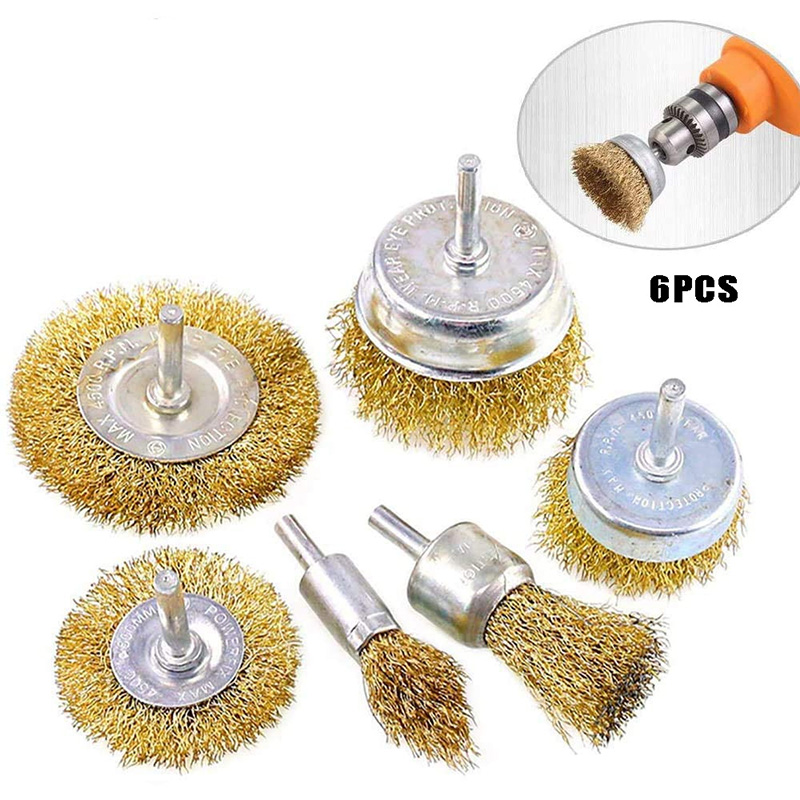 1/4-Inch Angle Grinder Wire Drill Brush Set Cleaning Brass Coated Metal Brush Wheel Set for Grinder/Removal Rust/Corrosion: 6 pcs