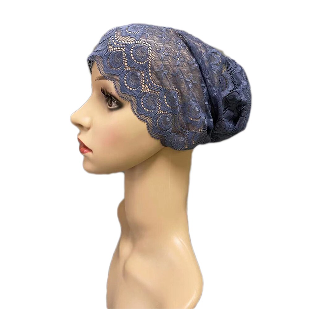 Gorro de tubo de cobertura completa para mujer, gorro interior musulmán con flores de encaje, pañuelo para la cabeza, sombrero islámico árabe, gorrito indio, turbante: 03 Dark Blue