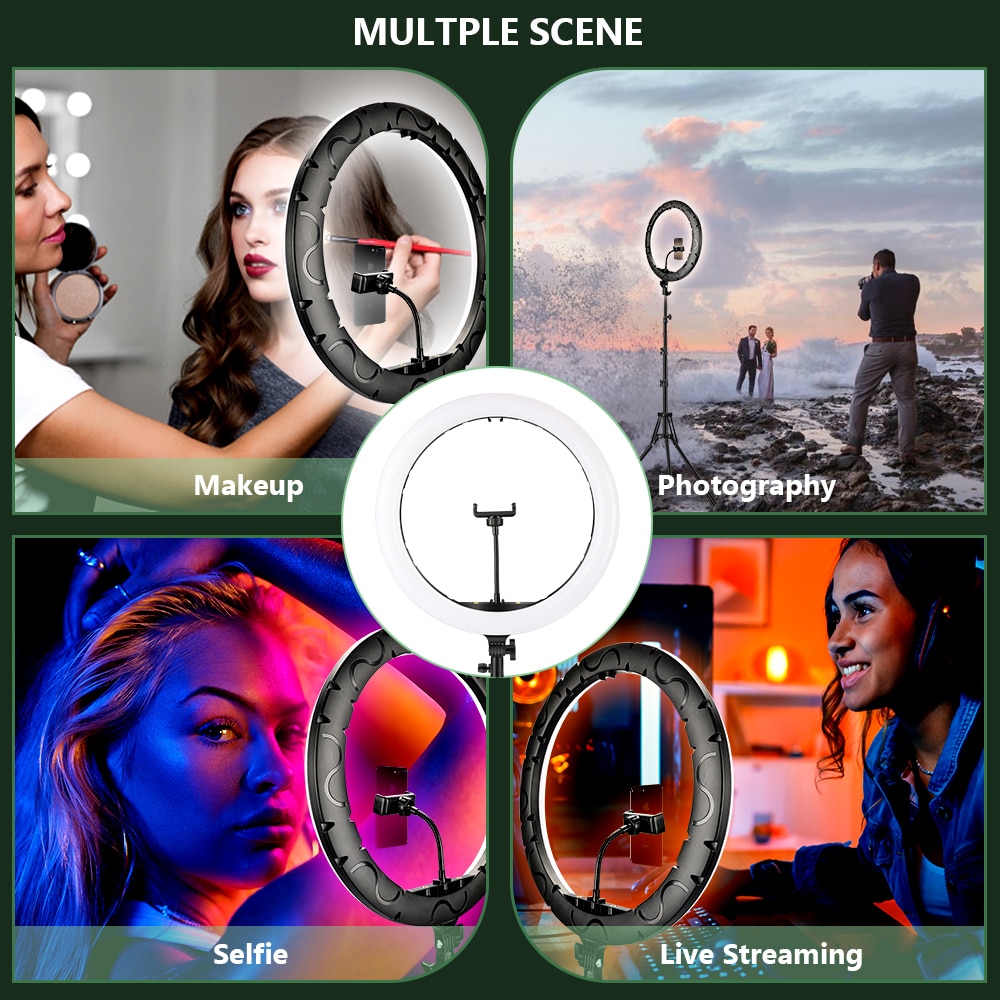 16 Inch Rgb Ring Licht Led Selfie Ring Licht Met 3 Telefoon Clips 200Cm Statief Stand Fotografische Verlichting Video live Vullen Lamp