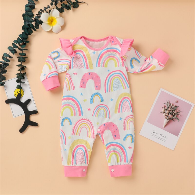 0-12M jesień niemowlęta dziewczynki chłopcy pajacyki nadruk tęcza wzburzyć długie rękawy O-szyja bawełniane kombinezony jednoczęściowe