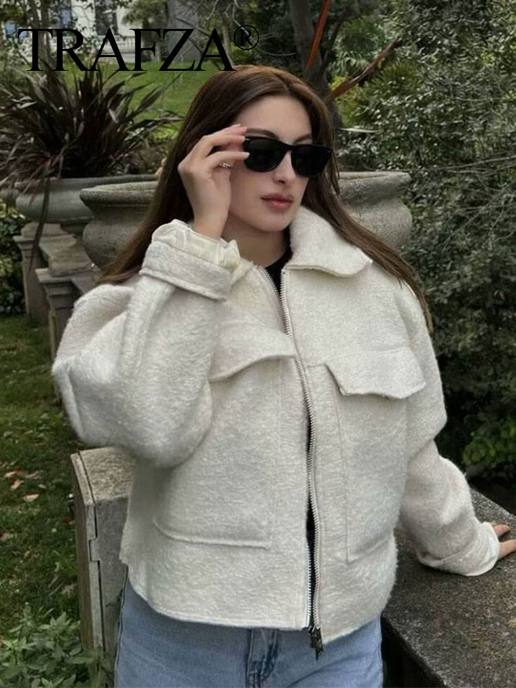 TRAFZA Jacke Für Frauen Herbst Solide Langarm Revers Mantel Vorderseite Tasche Reißverschluss Bomber Jacken Weibliche 2024 Streetwear