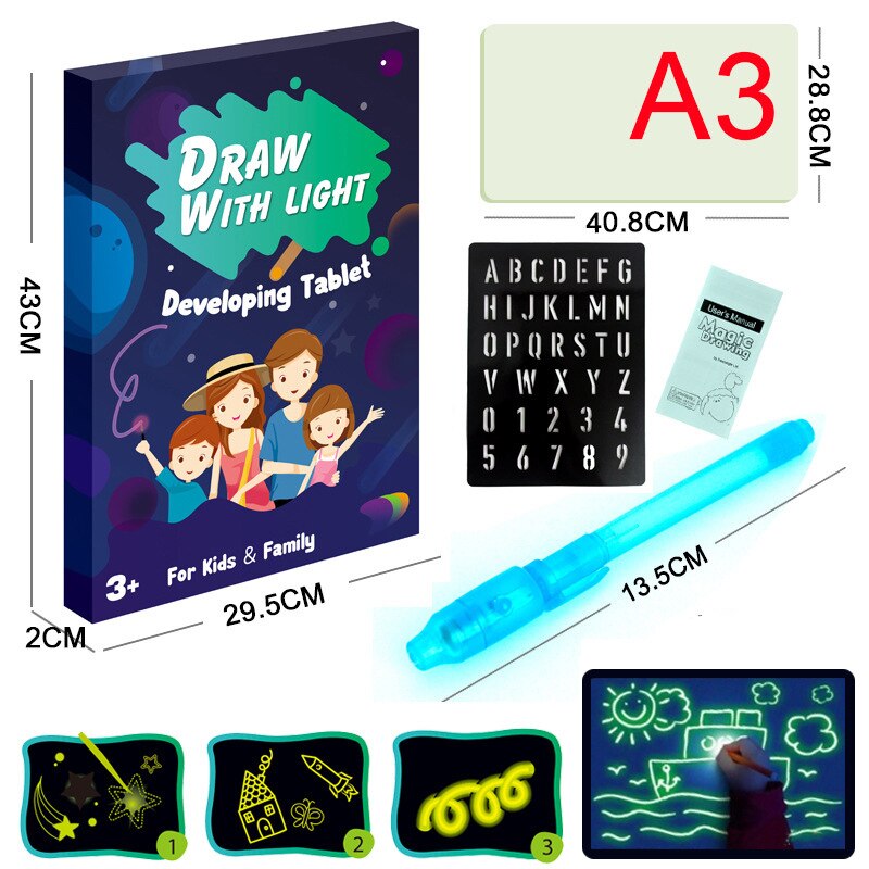 Kids 3D Magic Drawing Pad Fluorescent Puzzle Luminous Magical Writing Pad 3D Luminous Drawing Board for: English Blue A3