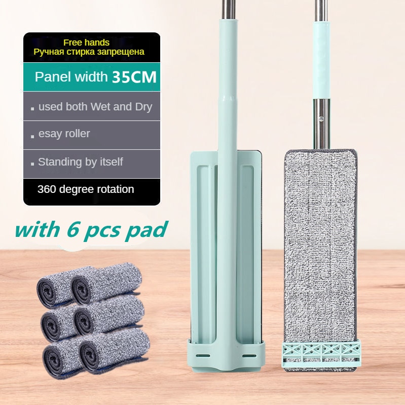 Magic Mop Free Hand Washing Lazy Mop Cleaner Self-Wring Squeeze Household Cleaning Automatic Dehydration: 35cm Mop add 6 pads