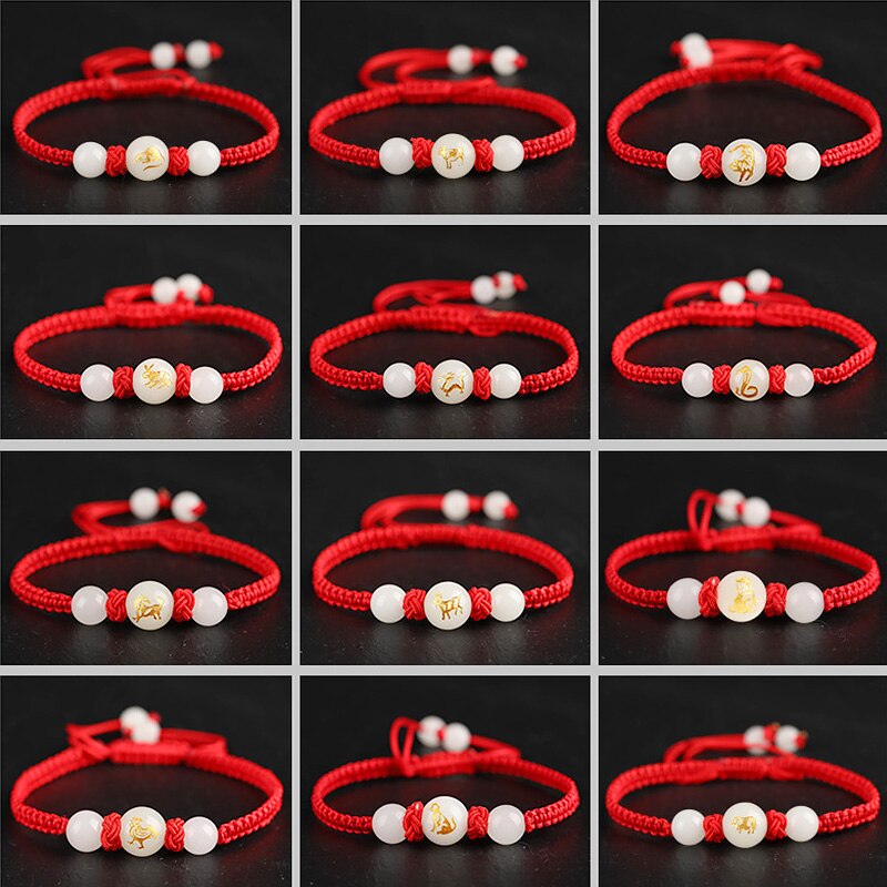 Chinese Stijl 12 Dierenriem Dieren Armband Unisex Handgemaakte Gevlochten Rode Draad Lucky Lichtgevende Steen Verstelbare Armband Paar