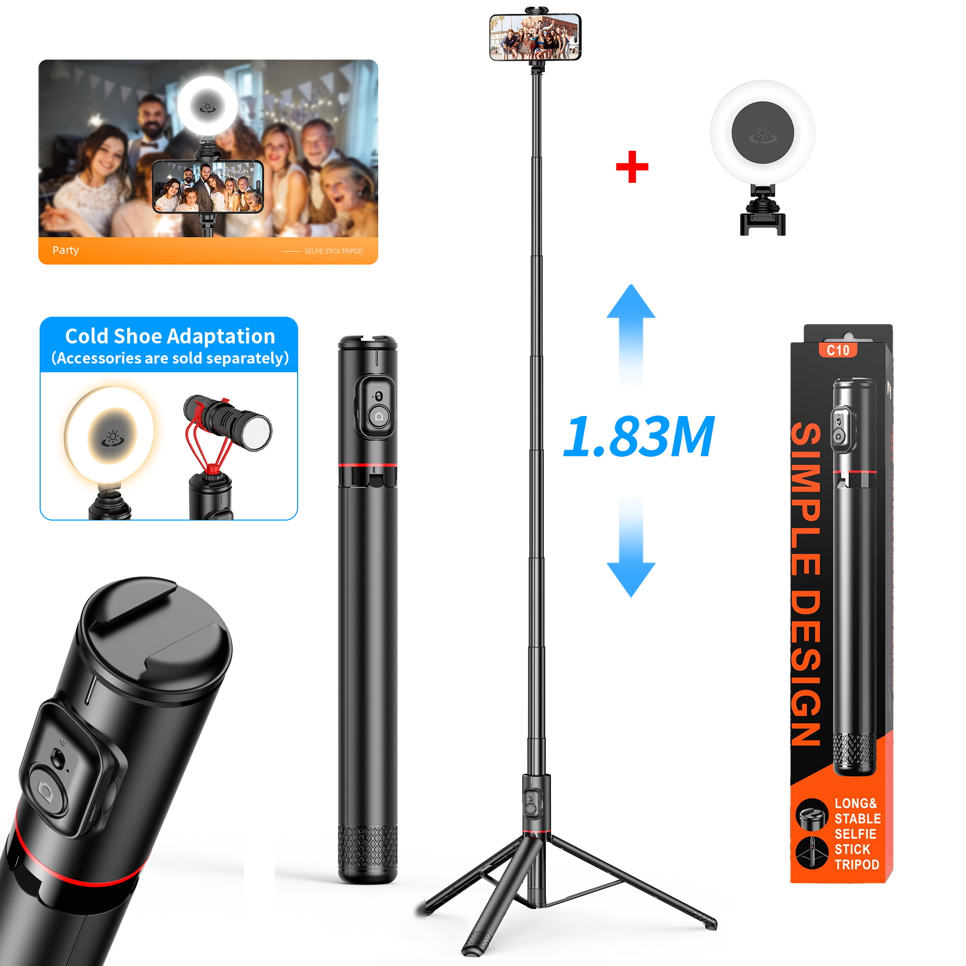 Selfie Stick Stativ - 1830mm Udtrækkelig - Trådløs Bluetooth Fjernbetjening - LED Lys - til iOS Android Smartphones: Sort