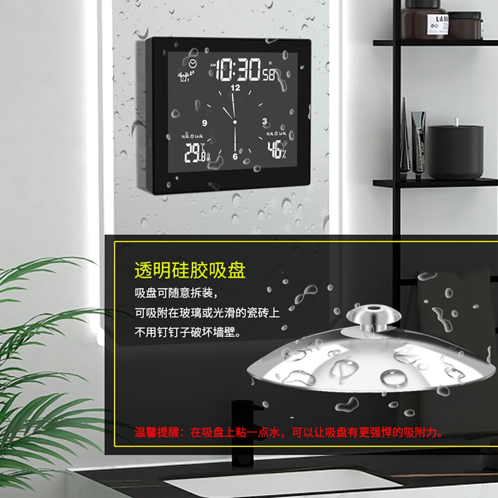 Horloge murale numérique étanche pour salle de bain, fonction de compte à rebours de la température et de l'humidité, minuterie de douche