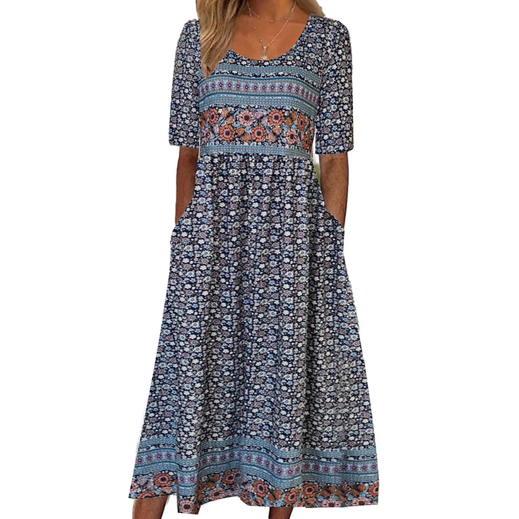 Robe longue style bohémien pour femmes, ample, imprimée, col rond, manches courtes, été 2025
