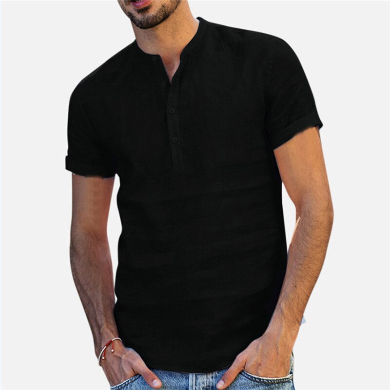 Camisas de lino de manga corta transpirables para hombre, camisas informales holgadas, camisas ajustadas de algodón sólido, Pullover, Tops, blusa: black / M