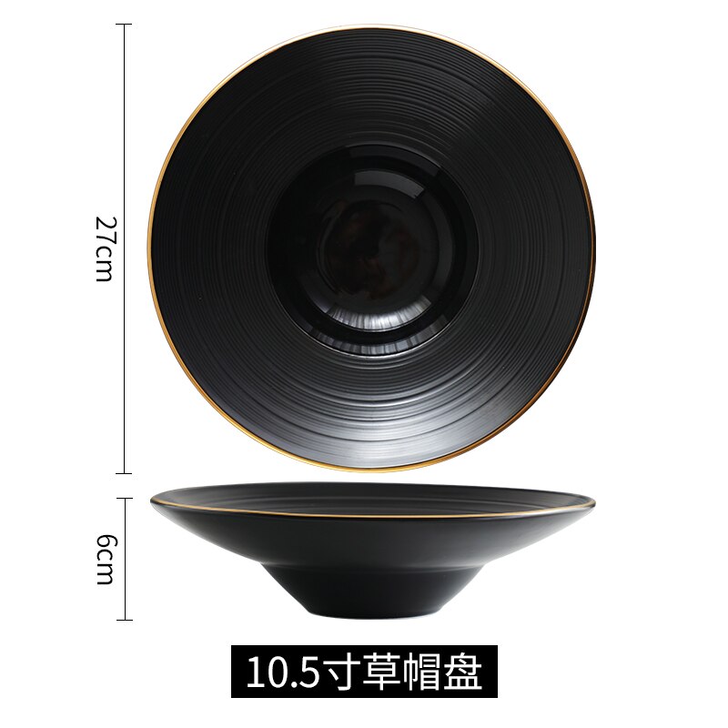 European breakfast Western plate simple black pasta plate household dish ceramic soup plate straw hat plate: 10.5 inches