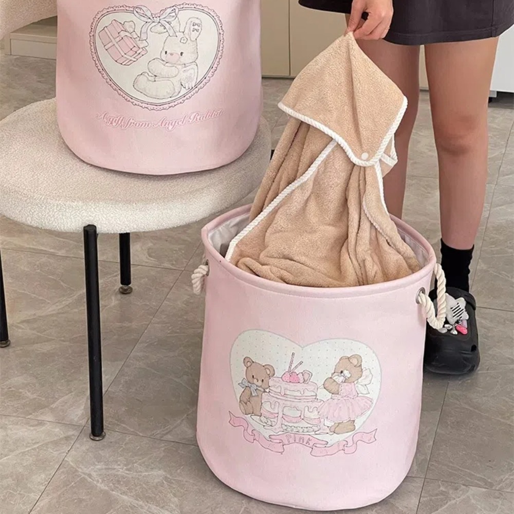 Mignon avec poignées panier à linge grande capacité dessin animé ours lapin jouets panier de rangement pliable rond panier à vêtements chambre