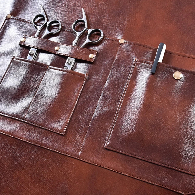 Vêtements de travail tablier en cuir PU, sangle croisée, Barista barman pâtissier Chef café bistrot BBQ Grill uniforme fleuriste barbier charpentier