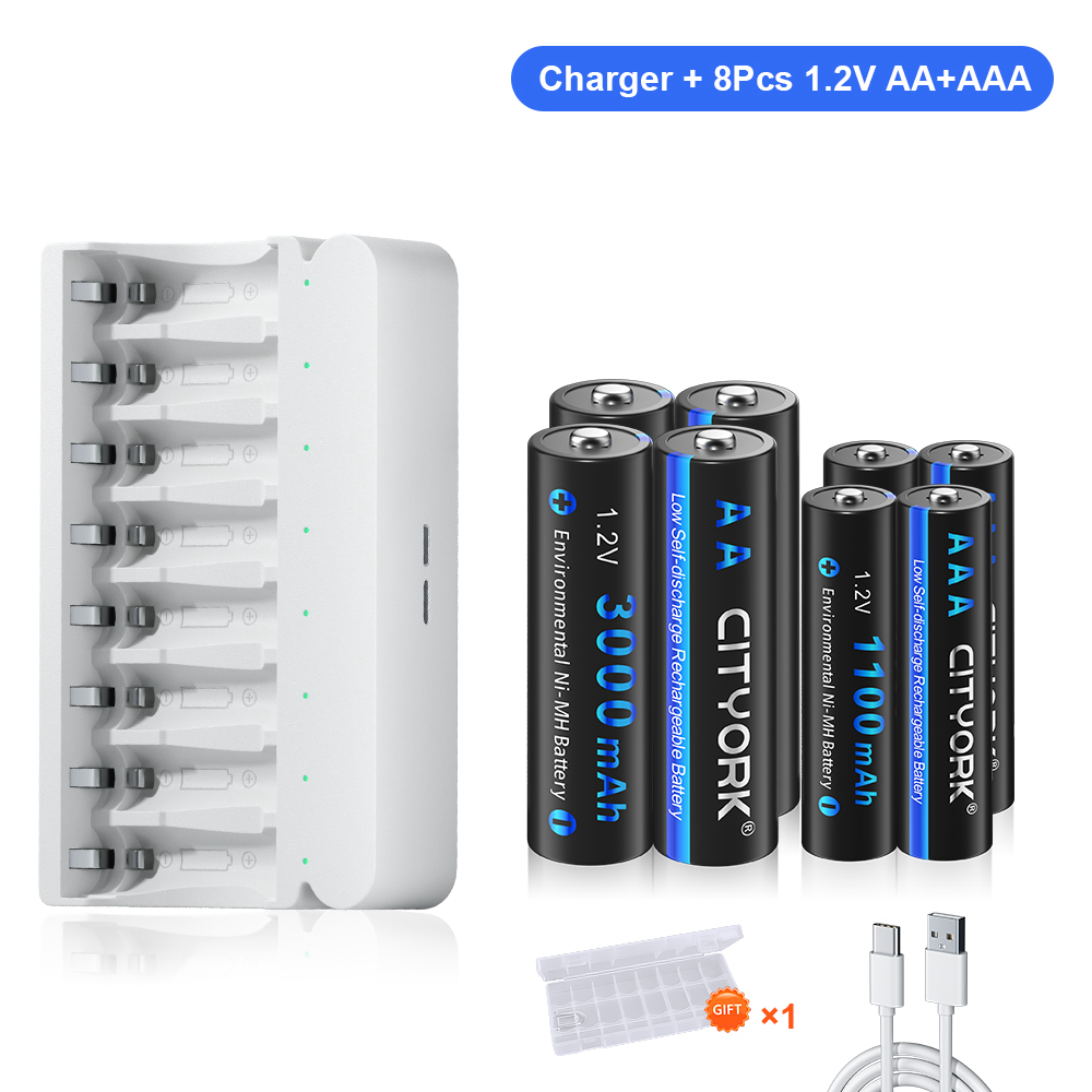 CITYORK 1,2 V AA AAA batería recargable NIMH NI-MH + 8 ranuras LED cargador rápido de batería inteligente para baterías NIMH AA AAA de 1,2 V: Gris oscuro