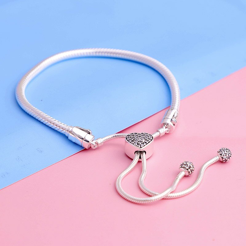 Original Moments Pave Heart Clasp Snake Chain Slider Bracelet Bangle Fit 925 Sterling Silver Bracelet Bead Charm Europe Jewelry