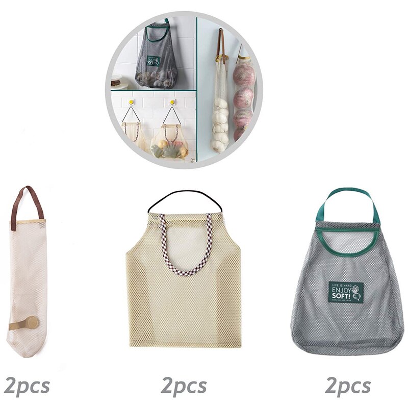 Panier à fruits suspendu, 6 pièces, sac en filet pour légumes, rangement suspendu réutilisable, panier mural lavable pour garlicas, pommes de terre et oignon