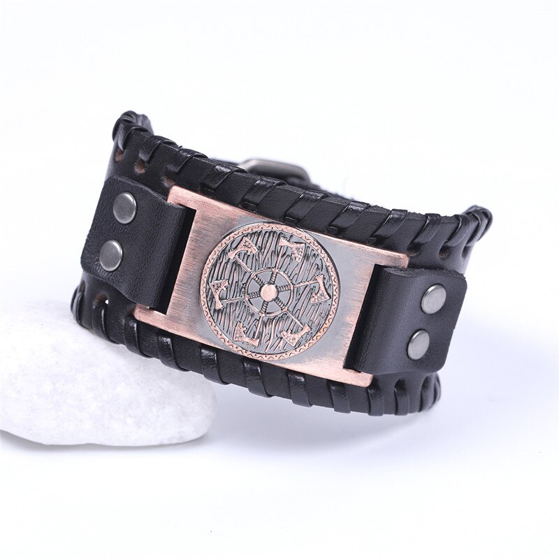Skyrim – bracelet en cuir large avec pendentif de hache Viking, bijoux de la mythologie nordique, amulette Kolovrat esclave Wicca Pulseira: wide black-copper