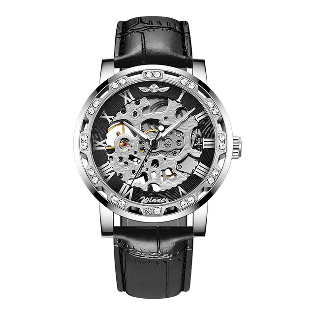 Winnaar Transparant Mode Diamant Display Lichtgevende Handen Versnelling Beweging Retro Mannen Mechanisch Skeleton Horloges: black silver