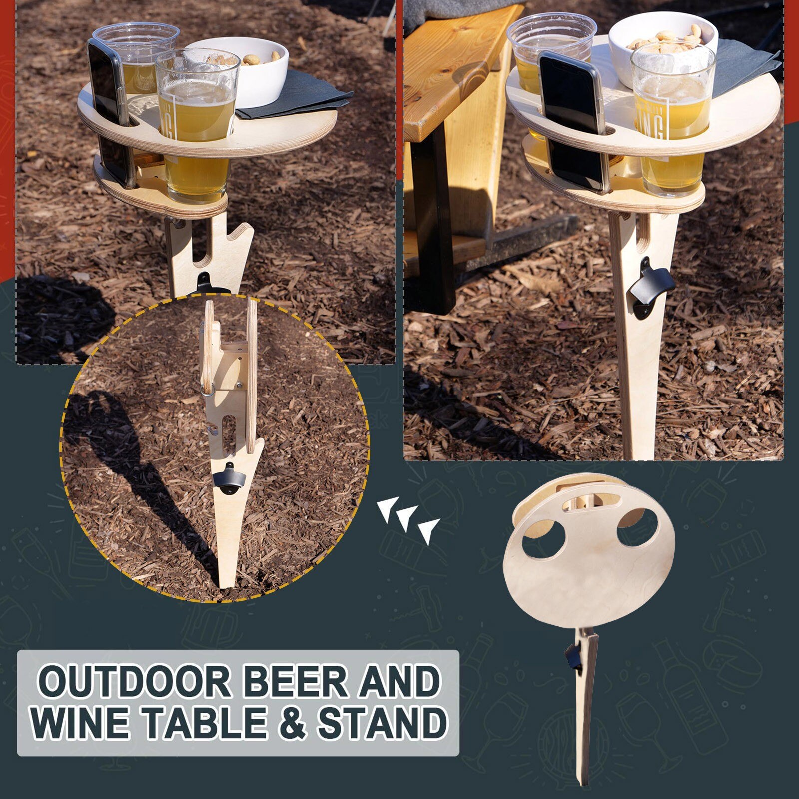 Portable Beer Table Backyard Entertainment Beach Camping Foldable Wine Holder Wooden Table With Phone Slot And Bottle opener