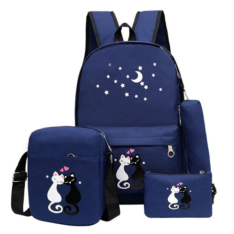 4 sæt skoletasker barn skole rygsække til teenagepiger søde kat tegneserie rygsæk børn taske lærred skoletaske: Mørkeblå