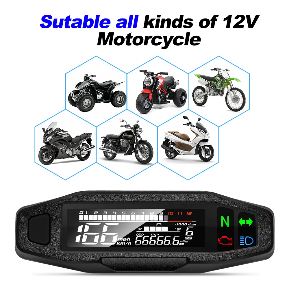 12V Digital Motorcycle Speedometer Moto Meter Tachometer Odometer Instrument Sensor Speed Fuel Gauge Tacho RPM Meter Waterproof