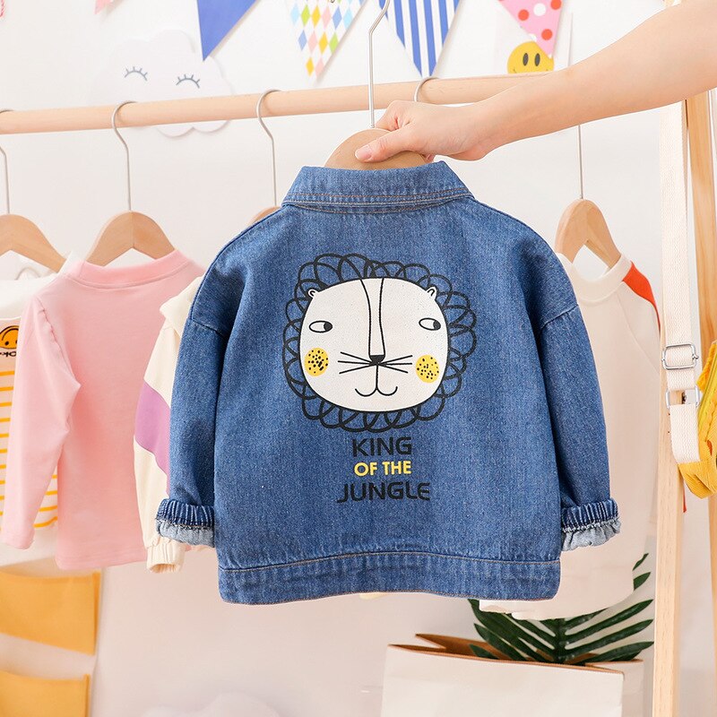 Frühling Baby Jungen Karikatur Löwen Denim Jacken Kleinkind Weiß Blau Langarm Cowboy Mantel freundlicher Oberbekleidung Neugeborenen Baumwolle lässig Mäntel