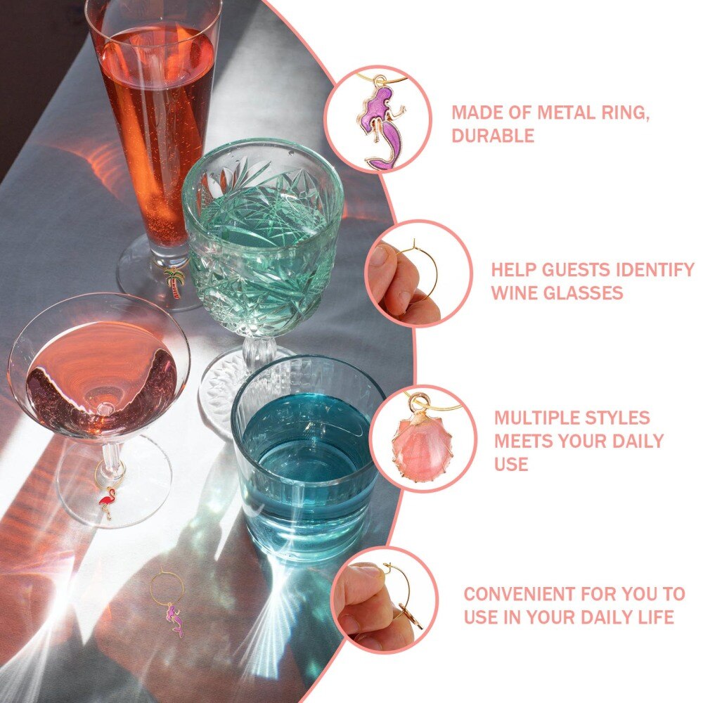 18 stk charms glas identifikatorer vinglas ringe glas drink markører tags festartikler (assorteret farve)