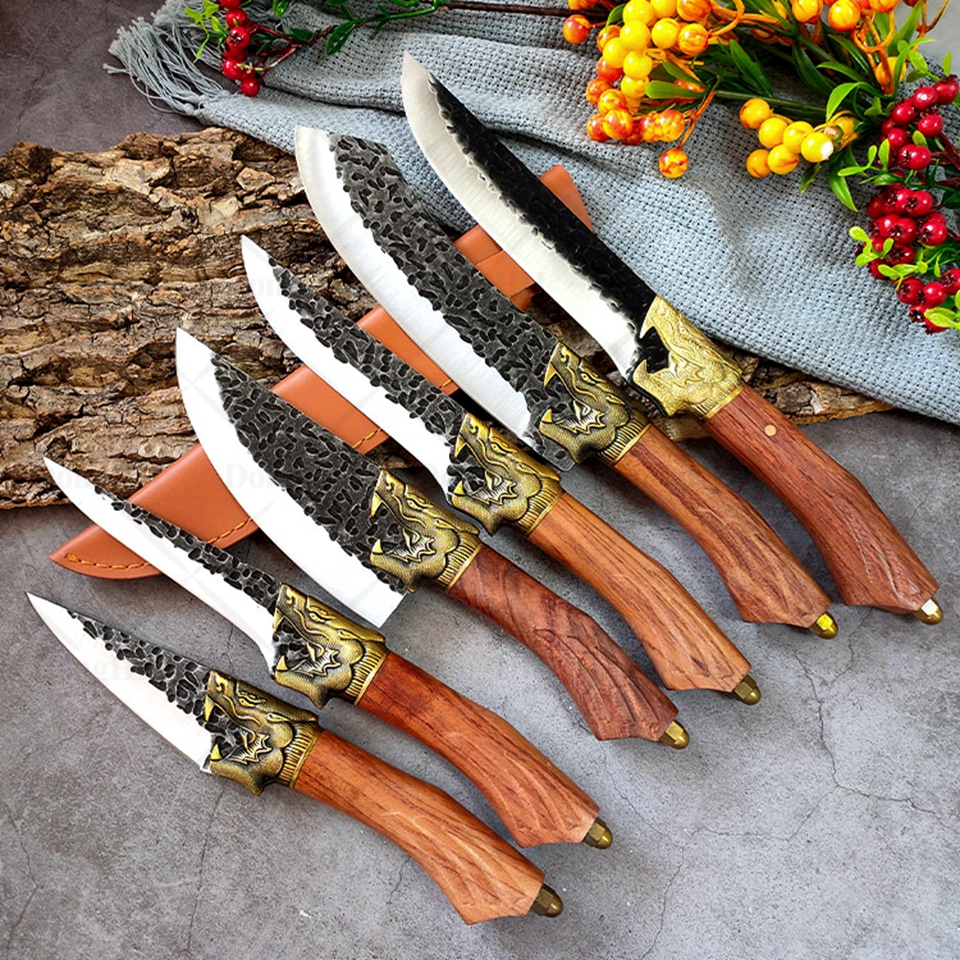 Knife Kitchen High Carbon Stainless Steel 5Cr1 5CoMov Chef Knife Set With Sheath Forged Meat Cleaver Dragon Decor