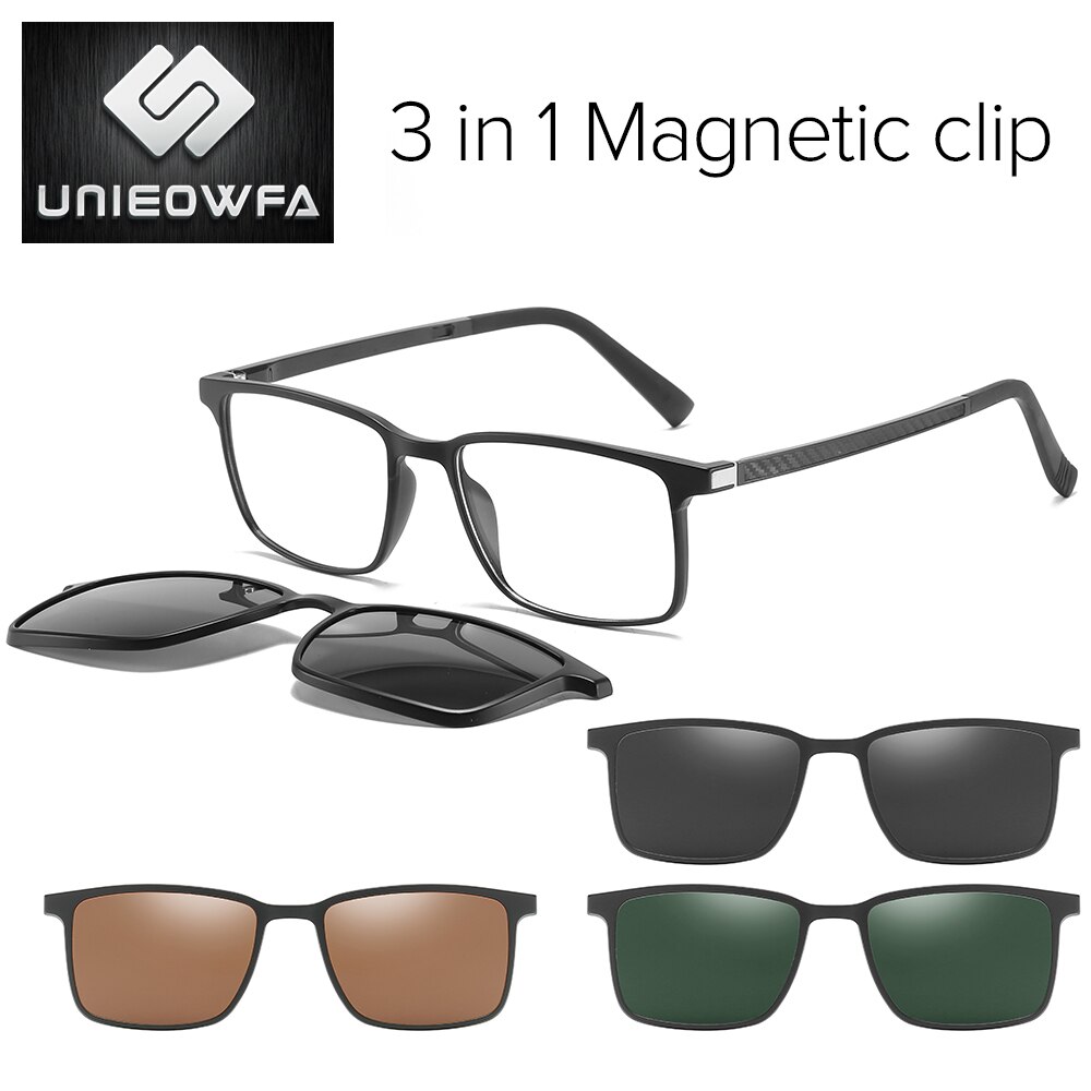 2 in1 Magnet Clip On Glasses Frame Men Prescription Optical Frame Eyeglasses Male Myopia Polarized Magnet Clip On Sunglasses: 1909 Black 3 in1