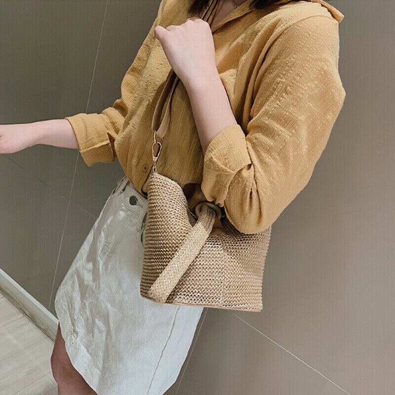 Noenname women strand stroh gewebt taschen sommer rattan korb umhängetasche runde handtasche wicker weave handbag crossbody bags