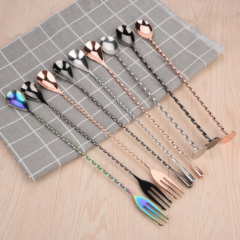 Multifunctionele Rvs Menglepel Spiraal Patroon Cocktail Lepel Bar Lepels Barman Dubbele Hoofd Roer Lepel Bar Tool