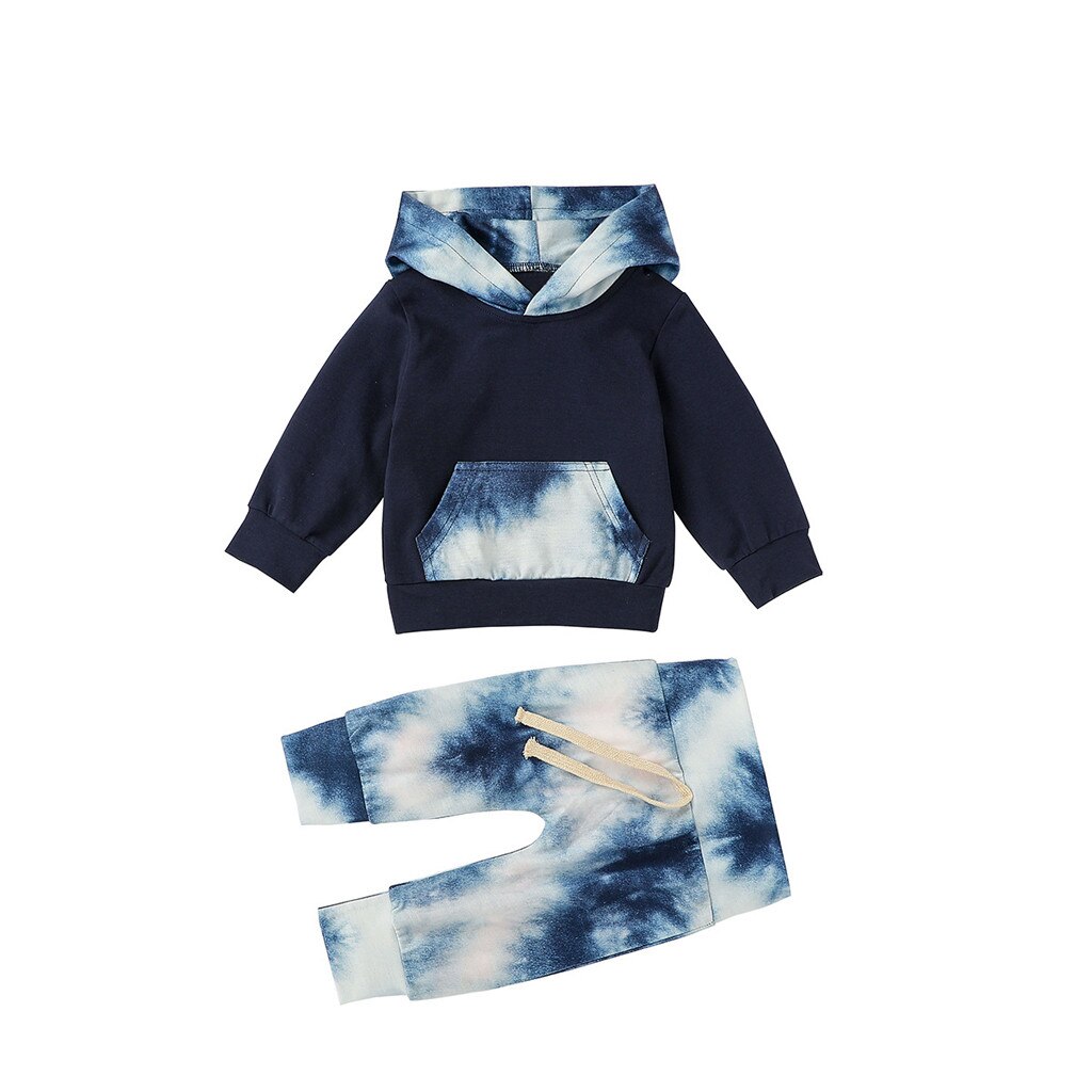 baby boy clothes set Infant baby girl clothes set Tie-Dye Hooded Sweatshirt Pants Outfits Set baby boy clothing #C: Dark Blue / 12M