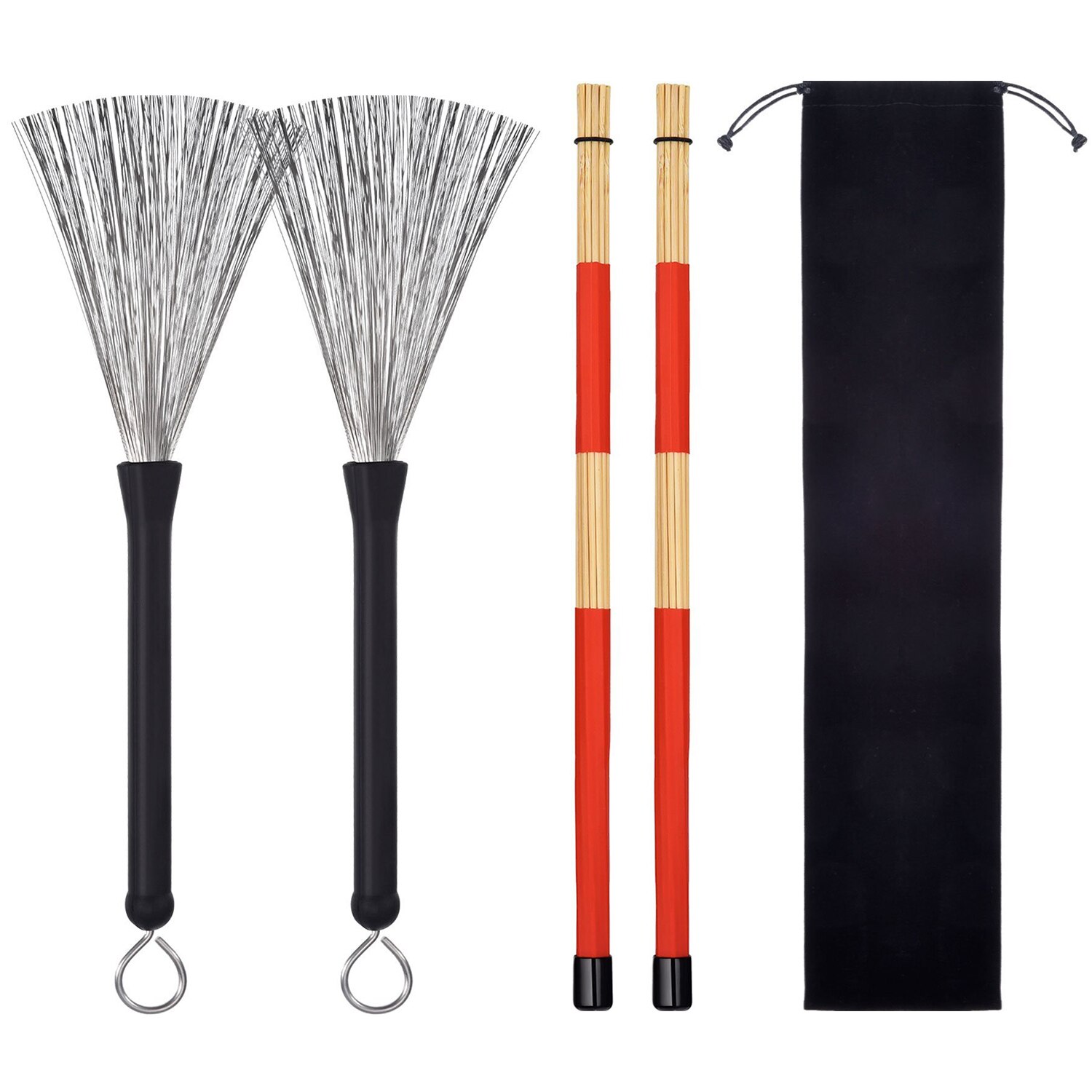 Xfdz 1 Paar Drum Borstels Intrekbare Draad Borstels Sticks Borstel + 1 Paar Staven Drum Brushes Sticks Set