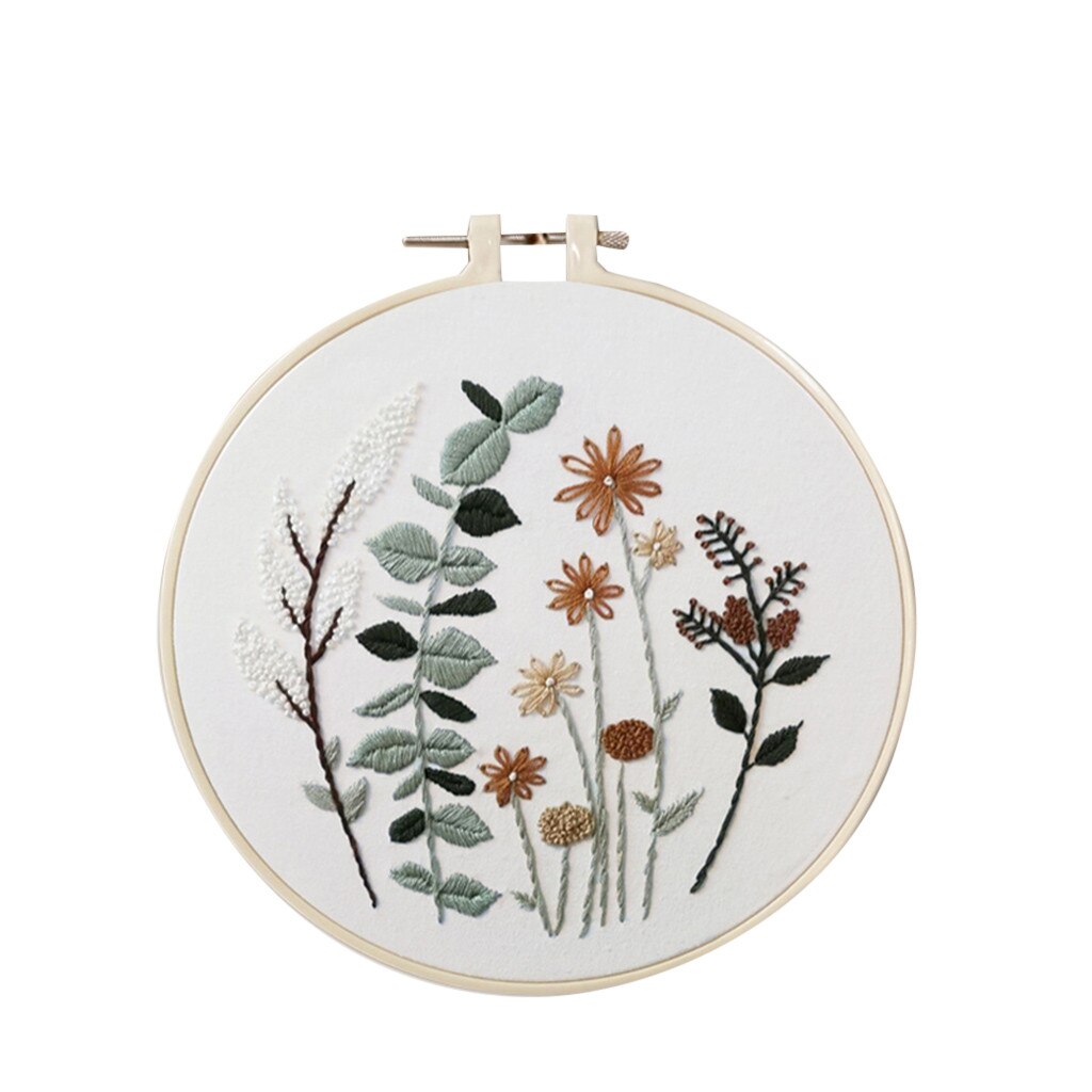 Diy Stamped Embroidery Starter Kit With Flowers Plants Pattern Cloth Color Threads Tools Embroidery Hoop Home Decoration #T2P: B