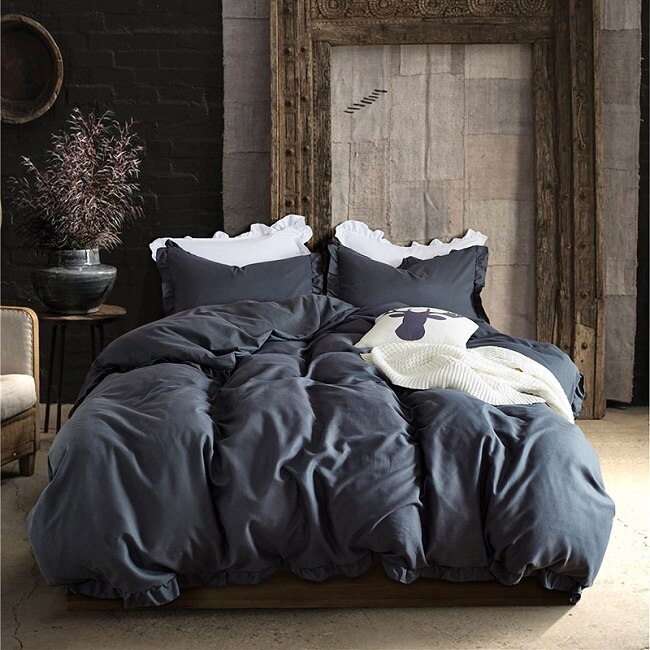 Romantische Roze Beddengoed Set Elegante Ruches Rand Dekbedovertrek Set 2/3 stks Bed Linnen Dekbedovertrek Twin Queen koning Bruiloft Decoratie: dark grey / US Twin  2pcs