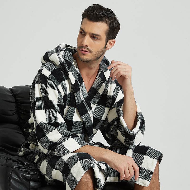 Flannel Bathrobe Men Robe Male with Hooded Thick Dressing Gown Pajamas Men&#39;s Bathrobe Winter Long Plus Size XL Bridesmaid Robes: Black for men / M(160-170cm)