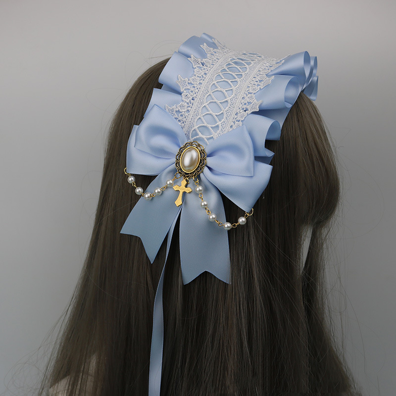 Coiffure de demoiselle d'honneur gothique, bandeau avec nœud en dentelle, croix d'ange foncé, doux Cosplay, accessoires pour cheveux Anime: GRIS