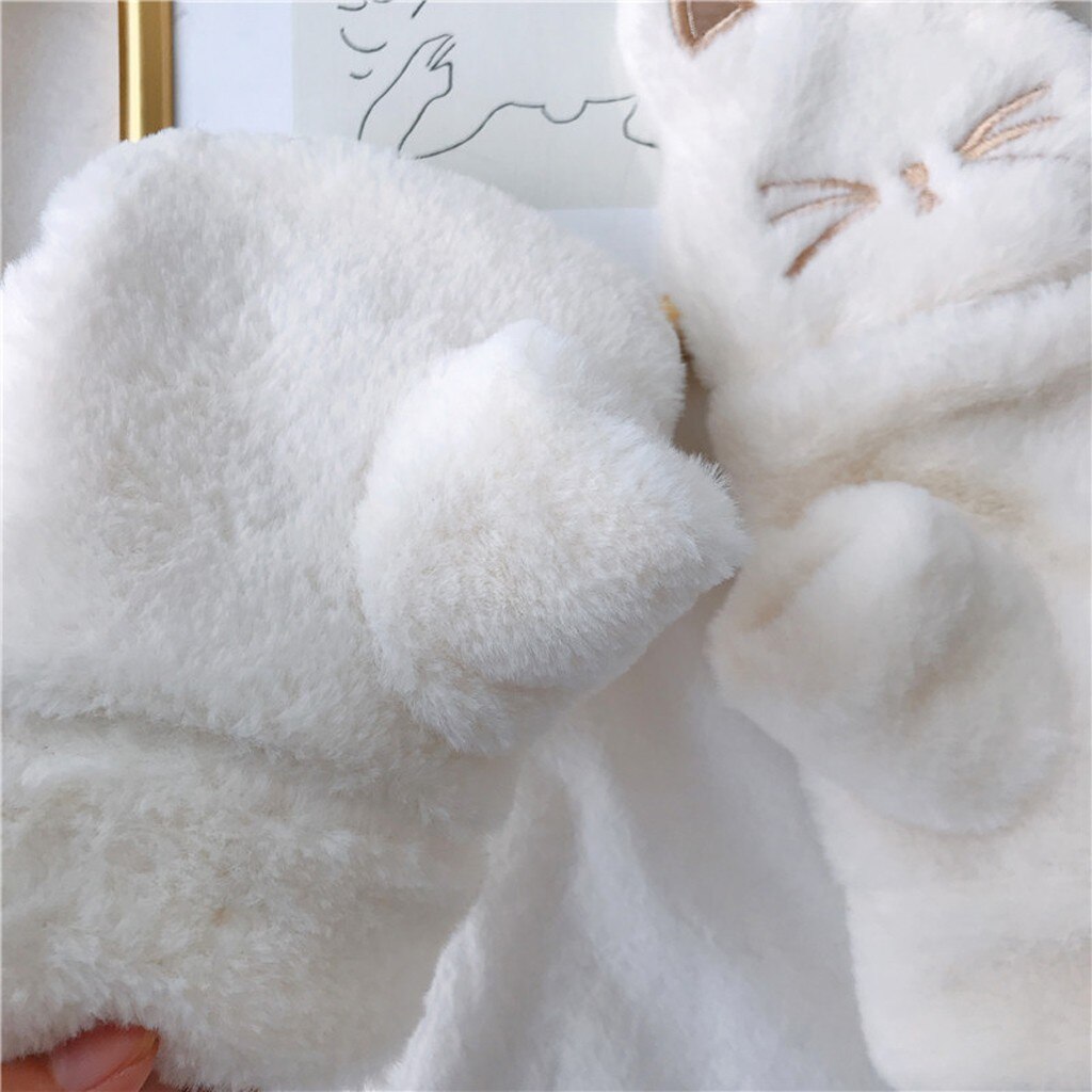 Winter Gloves For Girls Women Lovely Cat Embroidery Thickening Clamshell Plush Gloves Soft Keep Warm Gloves