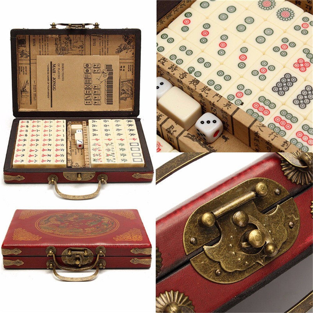 Adult Children Portable Travel Mahjong Antique Portable Leather Box Indoor Party Educational Stress Relief Toy Set