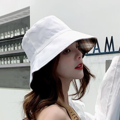 Gorro de pescador de doble cara negro y amarillo bordado, sombrero de pescador, sombrero de viaje al aire libre, sombrero de Sol para hombres y mujeres, algodón: white