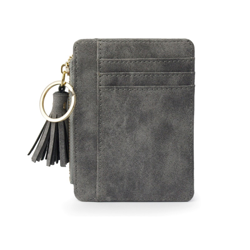 Matt Leather Mini Tassel Women Card Holder Cute Credit ID Card Holders Zipper Wallet Case Change Coin Purse Keychain Nubuck: Gray