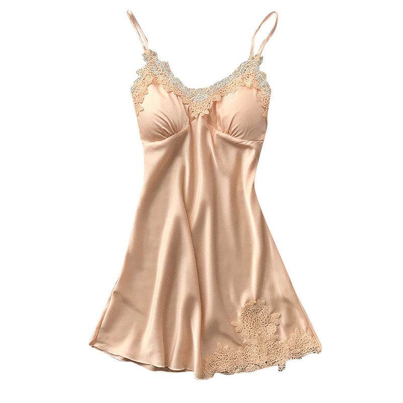 Vrouwen Sexy Kant Lingerie Nachtkleding Ondergoed Robe Babydoll Nachtkleding Jurk FemmeDe Nuit Camisola Da Mulher Da Noite QB2: Beige / L