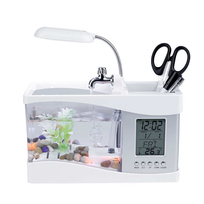 1USB Desktop Mini Aquarium Fish Tank Beta Aquarium with LED Light LCD Display Screen and Clock Fish Tank Decoration with Pebbles